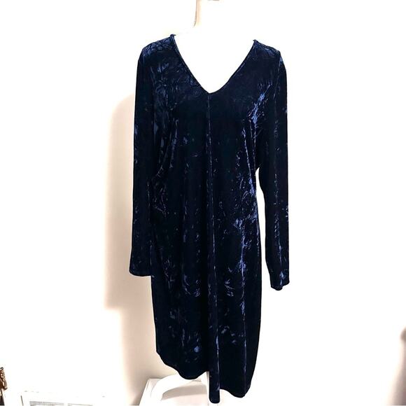 Velvet Velour Below Knee Long Sleeve V-Neck Dress Blue Womens XXL Party Wedding - Picture 1 of 4